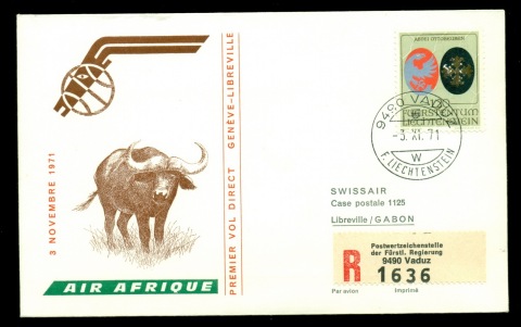 Liechtenstein-1971-Air-Afrique-Geneva-Libreville-First-Flight-Cover