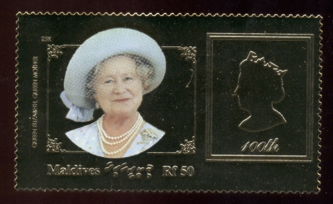 Maldive-Is-1999-Queen Mother 100th Birthday gold foil embossed