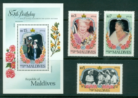 Maldive-Is-1985-Queen-Mother-85th-Birthday-3v-MS-MUH