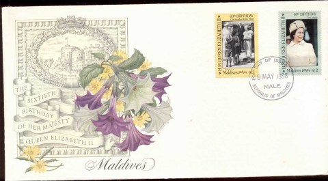 Maldive-Is-1986-QEII-60th-Birthday-2v-Fleetwood-FDC