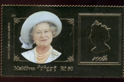 Maldive-Is-1999-Queen Mother 100th Birthday gold foil embossed