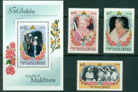 Maldive-Is-1985-Queen-Mother-85th-Birthday-3v-MS-MUH