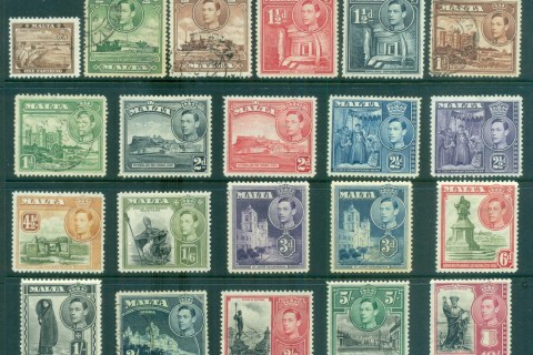 Malta-1938-43-KGVI-Pictorials-small-faults-MLH-FU