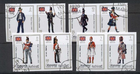 Manama-1971-Mi592B-599B-British-Military-Uniforms-IMPERF-CTO