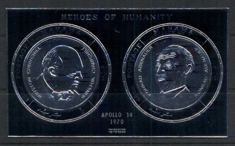 Manama-1970-MiMS97-Apollo-14-Opt-on-Winston-Churchill-Adenauer-silver-black-foil-embossed-MS-MUH