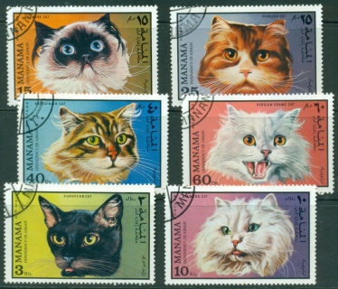 Manama-1971-Mi585-590-Domestic-Cats-CTO