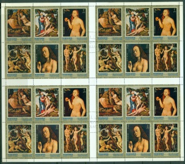 Manama-1971-Mi655-660-Paintings-of-Adam-Eve-sheet-CTO