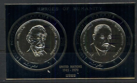 Manama-1971-MiMS110-UN-25th-Anniversary-Opt-on-Lincoln-King-gold-black-foil-embossed-MS-MUH