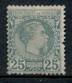 Monaco-1885-Prince-Charles-25c-green-pulled-perfs-RHS-short-at-bottom-MLH