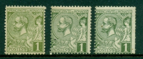 Monaco-1891-1921-Prince-Albert-I-1c-3xshades-MNG-MLH