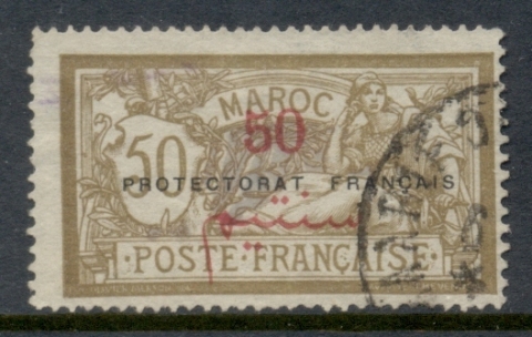 French Morocco 1914-21 Merson 50c on 50c bistre-brown & lavender Surch, Opt Protectorat Francais