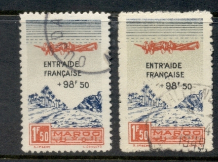 French Morocco 1944 Air mail Plane over Oasis Surch, Liberated French 2xshades