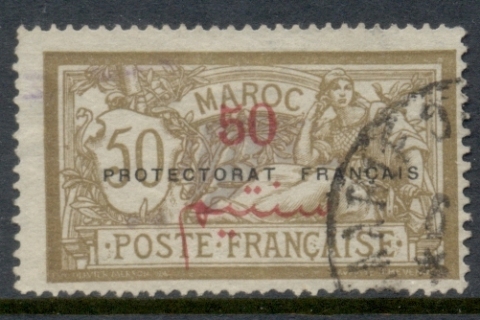 French Morocco 1914-21 Merson 50c on 50c bistre-brown & lavender Surch, Opt Protectorat Francais