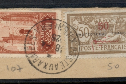 French Morocco 1914-21 Merson 1p on 1f claret & olive green Surch, Opt Protectorat Francais on piece