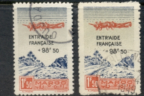 French Morocco 1944 Air mail Plane over Oasis Surch, Liberated French 2xshades