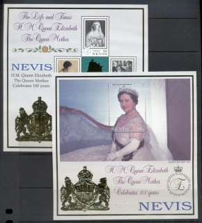 Nevis-1999 Queen Mother 100th Birthday gold foil embossed 2xMS