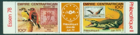 Central-African-Republic-1978-Airmail-International-Stamp-Exhibition-ESSEN-78-and-International-Stamp-Exhibition-PHILEXAFRIQUE-79-Libreville-Gabon-Bird-Crocodile-MUH