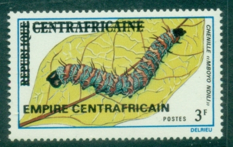 Central-African-Republic-1977-Definitive-Issues-Overprints-3fr-Insects-Caterpillar-MUH