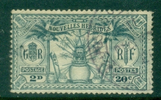 New-Hebrides-Fr-1912-Weapons-and-Totem-Poles-2d20c-FU