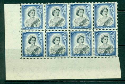 New-Zealand-1954-QEII-1-6d-Black-Ultramarine-Corner-Block-8-MH-MUH-Lot25721