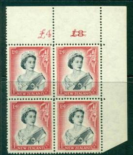 New-Zealand-1954-QEII-1-Black-Carmine-Altered-Sheet-value-Cnr-Block-4-MUH-Lot25647