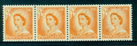 New-Zealand-1954-QEII-1d-Orange-Coil-Strip-4-MH-MUH-Lot25507