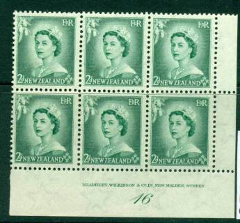 New-Zealand-1954-QEII-2d-Myrtle-Green-Plate-16-Block-6-MH-MUH-Lot25355