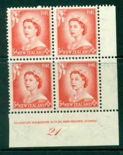 New-Zealand-1954-QEII-3d-Vermillion-Plate-21-Block-4-MH-MUH-Lot25370