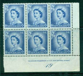 New-Zealand-1954-QEII-4d-Ultramarine-Plate-19-Block-6-MH-MUH-Lot25450