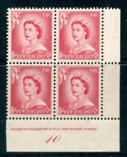 New-Zealand-1954-QEII-8d-Rose-Carmine-Plate-10-Block-4-MH-MUH-Lot25471