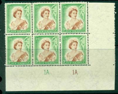 New-Zealand-1954-QEII-9d-Brown-Green-Plate-1A-1B-Block-6-MH-MUH-Lot25675