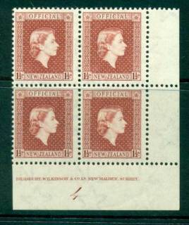 New-Zealand-1954-QEII-Official-1½d-Lake-Brown-Plate-4-Block-4-MH-MUH-Lot25485