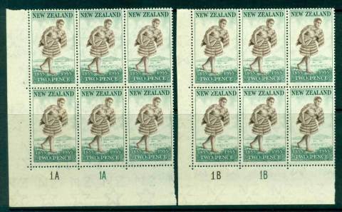 New-Zealand-1955-2d-Maori-Mailman-1A-1A-1B-1B-Plate-Blocks-6-MUH-Lot25768