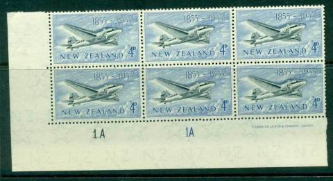 New-Zealand-1955-4d-Douglas-DC-3-Plane-1A-1A-Imprint-Plate-Block-6-MUH-Lot25776