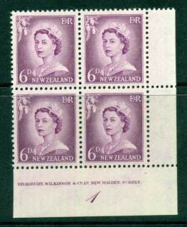 New-Zealand-1955-QEII-Redrawn-5d-Mauve-Plate-1-Block-4-MH-MUH-Lot25595