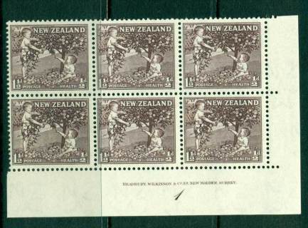 New-Zealand-1956-1½d-Health-Apple-Tree-Purple-Sepia-Imprint-Plate-Block-6-MH-MUH-Lot25787