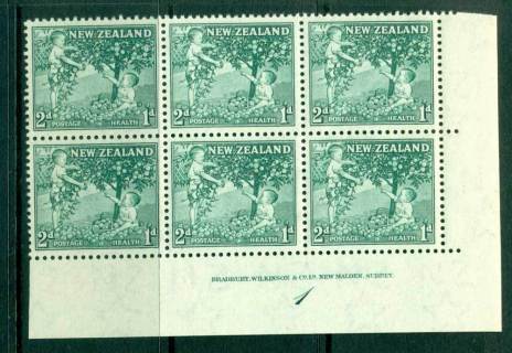 New-Zealand-1956-2d-Health-Apple-Tree-Green-Imprint-Plate-Block-6-MH-MUH-Lot25798