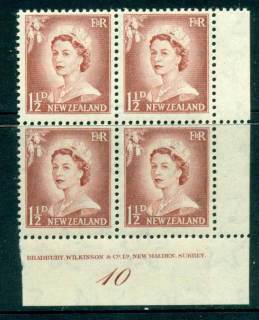 New-Zealand-1956-QEII-Redrawn-1½d-Lake-Brown-Plate-10-Block-4-MH-MUH-Lot25529