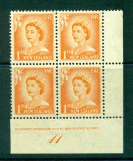 New-Zealand-1956-QEII-Redrawn-1d-Orange-Plate-11-Block-4-MH-MUH-Lot25494