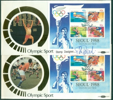 New-Zealand-1988-Summer-Olympics-Seoul-MS-2xFDC-1-Designer-Signed