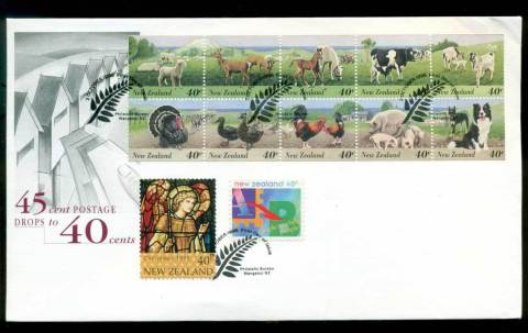 New-Zealand-1995-Postage-rate-Drop-45c-to-40c-Farm-Animals-Booklet-pane-FDC-lot52833