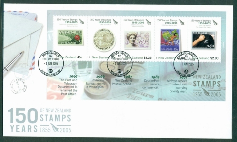 New-Zealand-2005-150-Years-of-Stamps-2005-MS-FDC-Lot19025