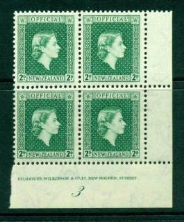 New-Zealand-1954 QEII Official 2d Deep Myrtle Green Plate 3 Block 4