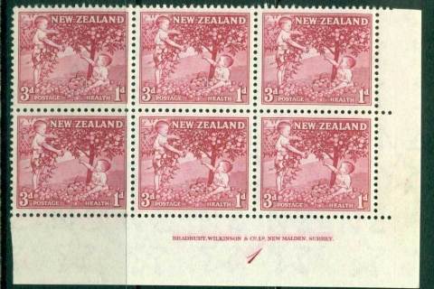 New-Zealand-1956-3d-Health-Apple-Tree-Old-Rose-Imprint-Plate-Block-6-MH-MUH-Lot25794