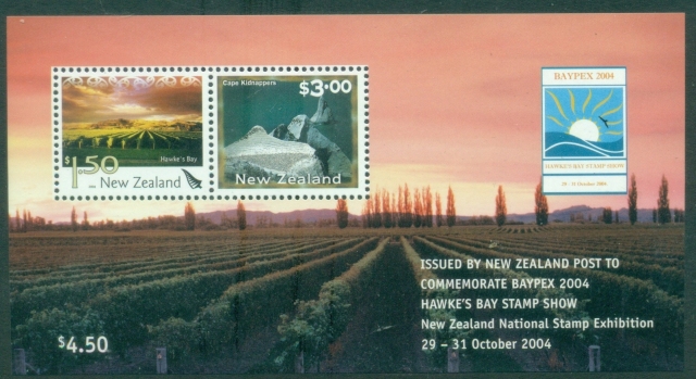 New-Zealand-2004-National-Stamp-Exhibition-BAYPEX-2004-Hawkes-Bay-Tourist-Attractions-MS-MUH
