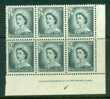 New Zealand 1954 QEII 1/2d Grey Plate 1 Block 6