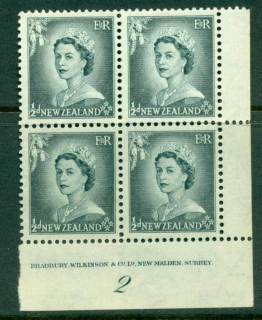 New Zealand 1954 QEII 1/2d Grey Plate 2 Block 4