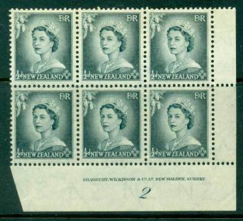 New Zealand 1954 QEII 1/2d Grey Plate 2 Block 6