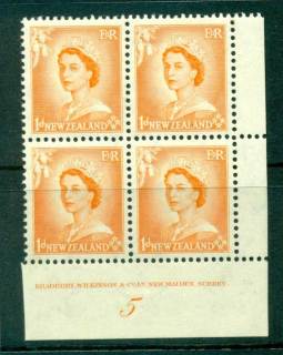 New Zealand 1954 QEII 1d Orange Plate 5 Block 4