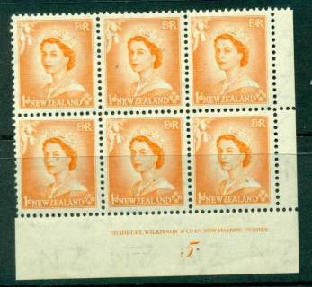 New Zealand 1954 QEII 1d Orange Plate 5 Block 6